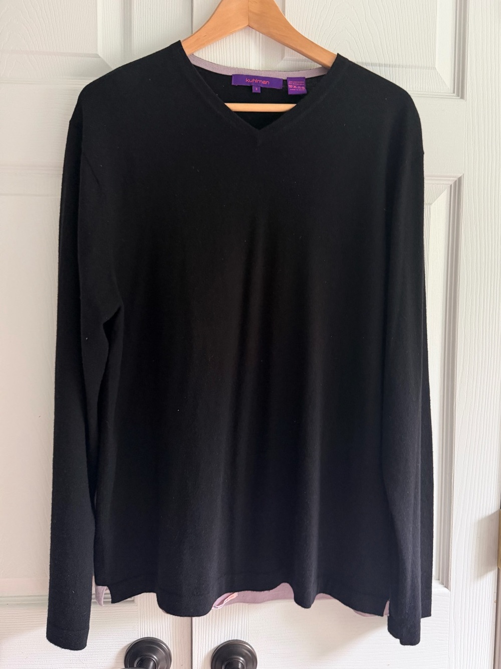Kuhlman Cashmere Sweater Women’s 3 XL Black V Neck Purple Trim